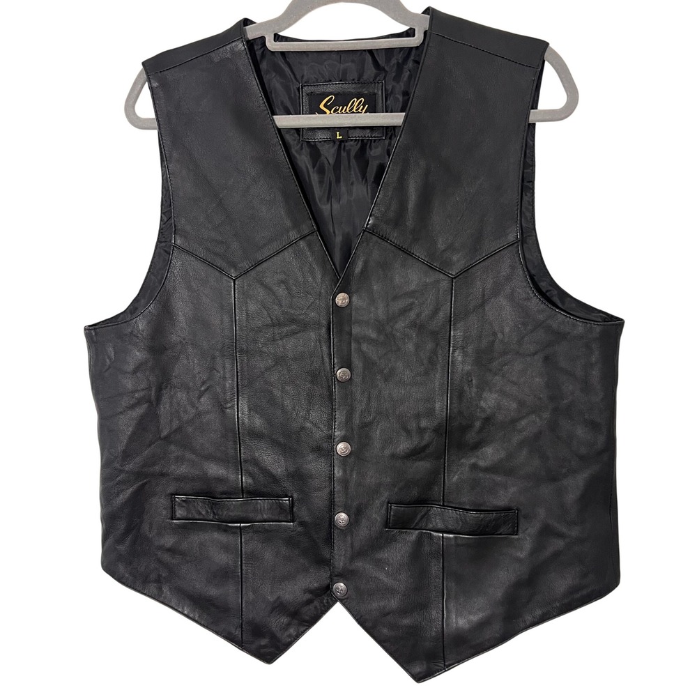 Vintage Scully Mens L Black Leather Western Vest Biker Cowboy‎ Snap Button